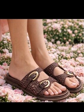 Joie Brown Braided Double Buckle Slide Sandals